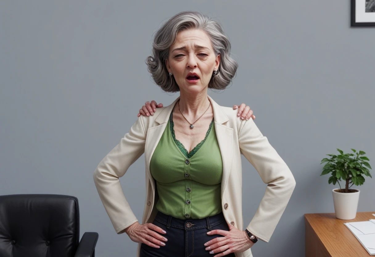 hyperrealistic art cinematic film still lower angle photography in the style of detailed hyperrealism photoshoot . (widehips) Extremely high-resolution details, photographic, realism pushed to extreme, fine texture, incredibly, elderly frail woman, close up standing cleveage hands on hips chest thrust out in office alone ((shoulder length gray hair with darkbrown hairroots:1.3)), ((head back_ moaning:1.2)) (lab coat with green blouse and black pants),