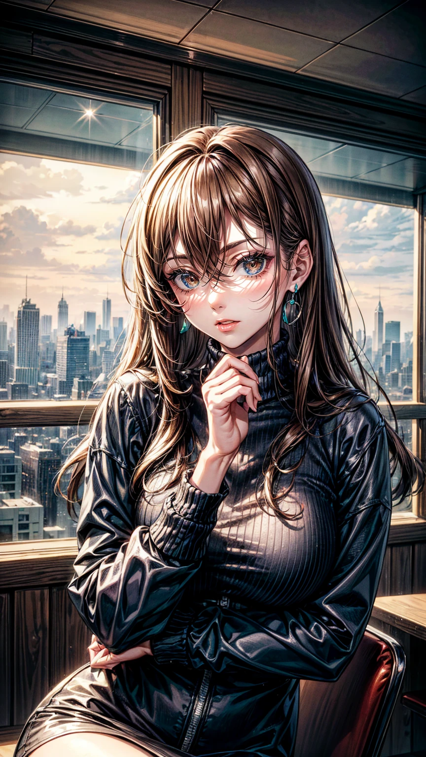 masterpiece,Highest quality,Ultra-high resolution,Korean,Korean cityscape,Beautiful woman, Light brown eyes Hair is golden 8K