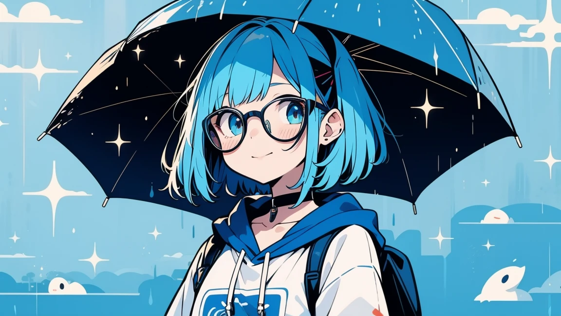 muff, Blue Hair, rain、幾何学なrain、Colorful Hair, A cool woman with short blue bob hair, , Black choker around the neck、Wearing glasses、penguin