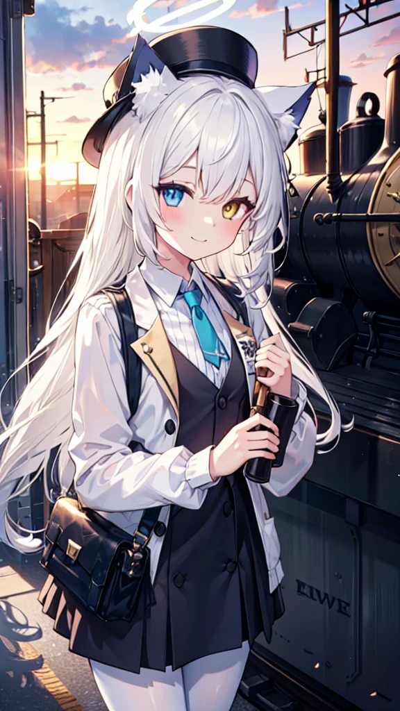 White pantyhose，White hair，Smile，Long hair，Cat ear，Heterochromia（Left blue right yellow），Female face，There are bright spots in the eyes，flat chest，blue halo，Alone，Inside the steam train，Sunset，Steampunk，hat，Carrying a toolbox