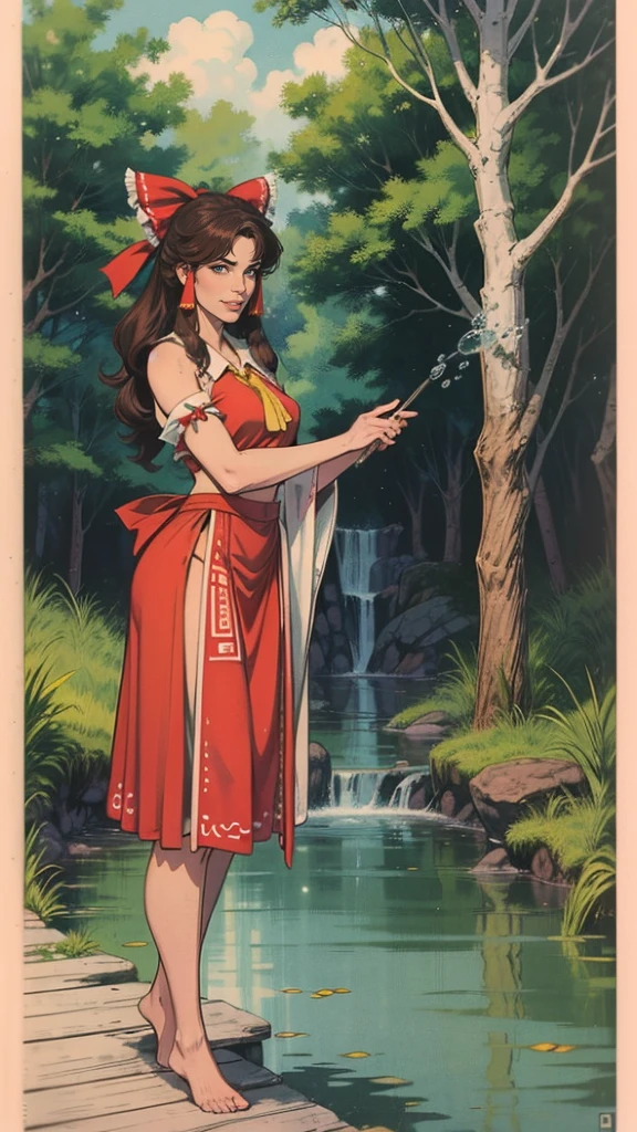 ((Full body photo, standing, feet on the floor)) hakurei reimu,Detailed background, masterpiece, best quality, 1 girl, reimu in white, brown hair, hair tube, headband, brown eyes, non-traditional Miko, trees, water, pink theme, white theme, mystery, magic