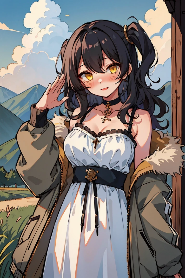 (masterpiece:1.2), (high quality:1.2), (hui xiyi:0.7), rekkyo sensen, rekkyou sensen, girls with((1girl, solo, black hair, yellow eyes, (wavy medium hair, one side up:1.3), blush, breasts, choker, cleavage, coat, bare shoulders, collar, collarbone, cowboy shot, camisole, blue rose clothes, dress, black ribbon belt, rosary, cross, fur, khaki jacket, hood down, hooded coat, hooded jacket, hoodie, jacket, large breasts, long hair, long sleeves, medium breasts, open clothes, open coat,open hoodie, sleeveless, winter clothes, zipper, cleavage, upper body, hand up, waving, palm)), background with((architecture, blue sky, bush, castle, village, no humans, cloud, cloudy sky, day, field, garden, grass, hill, house, lamppost, landscape, mountain, mountainous horizon, nature, no humans, outdoors, scenery, shrine, sky))