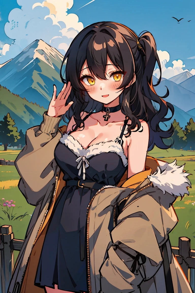 (masterpiece:1.2), (high quality:1.2), (hui xiyi:0.7), rekkyo sensen, rekkyou sensen, girls with((1girl, solo, black hair, yellow eyes, (wavy medium hair, one side up:1.3), blush, breasts, choker, cleavage, coat, collar, collarbone, cowboy shot, purple camisole, dress, black ribbon belt, rosary, cross, fur, khaki jacket, hood down, hooded coat, hooded jacket, hoodie, jacket, large breasts, long hair, long sleeves, medium breasts, open clothes, open coat,open hoodie, sleeveless, winter clothes, zipper, cleavage, upper body, hand up, waving, palm)), background with((architecture, blue sky, bush, castle, village, no humans, cloud, cloudy sky, day, field, garden, grass, hill, house, lamppost, landscape, mountain, mountainous horizon, nature, no humans, outdoors, scenery, shrine, sky))