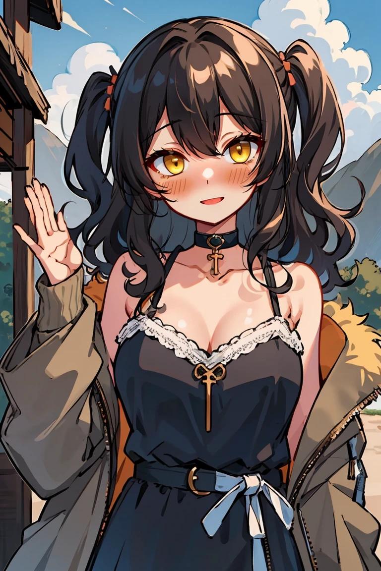 (masterpiece:1.2), (high quality:1.2), (hui xiyi:0.7), rekkyo sensen, rekkyou sensen, girls with((1girl, solo, black hair, yellow eyes, (wavy medium hair, one side up:1.3), blush, breasts, choker, cleavage, coat, bare shoulders, collar, collarbone, cowboy shot, camisole, blue rose clothes, dress, black ribbon belt, rosary, cross, fur, khaki jacket, hood down, hooded coat, hooded jacket, hoodie, jacket, large breasts, long hair, long sleeves, medium breasts, open clothes, open coat,open hoodie, sleeveless, winter clothes, zipper, cleavage, upper body, hand up, waving, palm)), background with((architecture, blue sky, bush, castle, village, no humans, cloud, cloudy sky, day, field, garden, grass, hill, house, lamppost, landscape, mountain, mountainous horizon, nature, no humans, outdoors, scenery, shrine, sky))