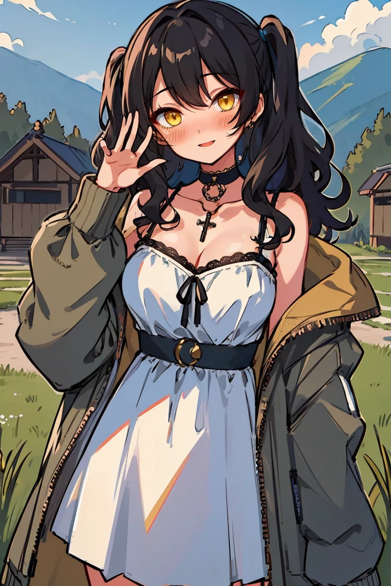 (masterpiece:1.2), (high quality:1.2), (hui xiyi:0.7), rekkyo sensen, rekkyou sensen, girls with((1girl, solo, black hair, yellow eyes, (wavy medium hair, one side up:1.3), blush, breasts, choker, cleavage, coat, bare shoulders, collar, collarbone, cowboy shot, camisole, blue rose clothes, dress, black ribbon belt, rosary, cross, fur, khaki jacket, hood down, hooded coat, hooded jacket, hoodie, jacket, large breasts, long hair, long sleeves, medium breasts, open clothes, open coat,open hoodie, sleeveless, winter clothes, zipper, cleavage, upper body, hand up, waving, palm)), background with((architecture, blue sky, bush, castle, village, no humans, cloud, cloudy sky, day, field, garden, grass, hill, house, lamppost, landscape, mountain, mountainous horizon, nature, no humans, outdoors, scenery, shrine, sky))