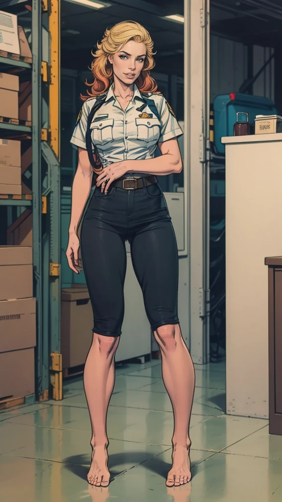((Full body photo, standing, feet on the floor)) a beautiful blonde military policewoman next to a beautiful redheaded farmer, both young and beautiful inside a warehouse
