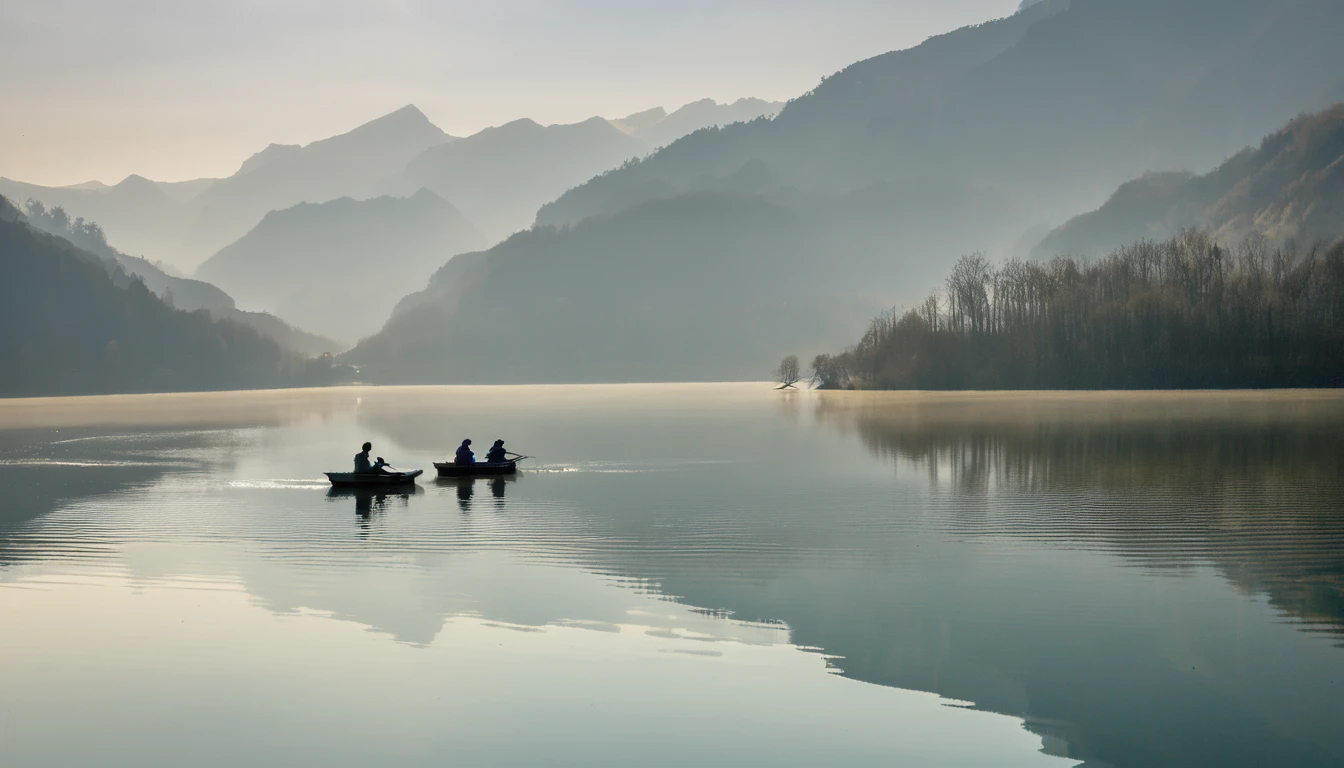 two people in a small boat on a calm lake