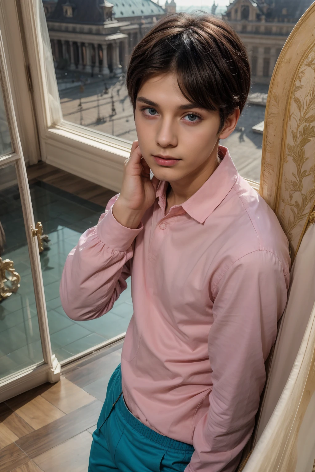 A cute male twink with a make-up face and black hair, wearing a long-sleeved pink shirt and aqua blue pants. He is in the royal palace and appears from the top of the window.
