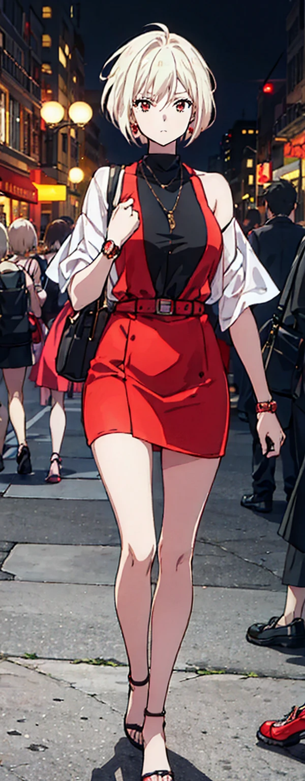 High resolution, High resolution,2D Anime Style,,Cool woman,Mature,,20th generation,short hair,Blonde,Red eyes,Beautiful Watches,Beautiful earrings,Street fashion,Walking,night,