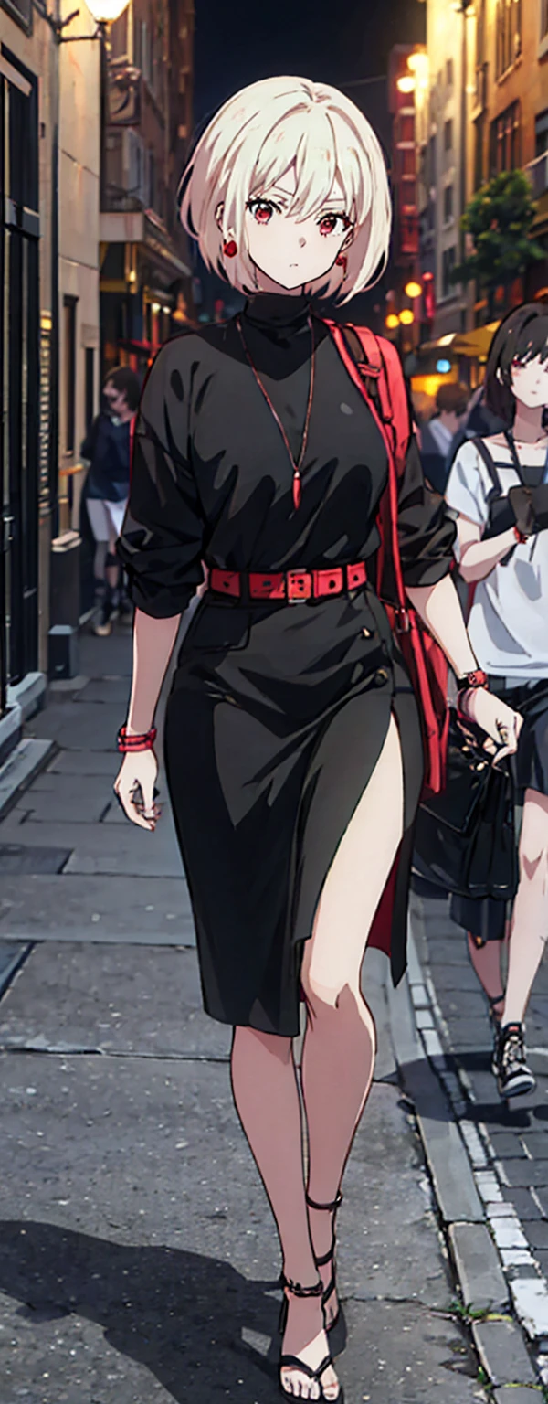 High resolution, High resolution,2D Anime Style,,Cool woman,Mature,,20th generation,short hair,Blonde,Red eyes,Beautiful Watches,Beautiful earrings,Street fashion,Walking,night,