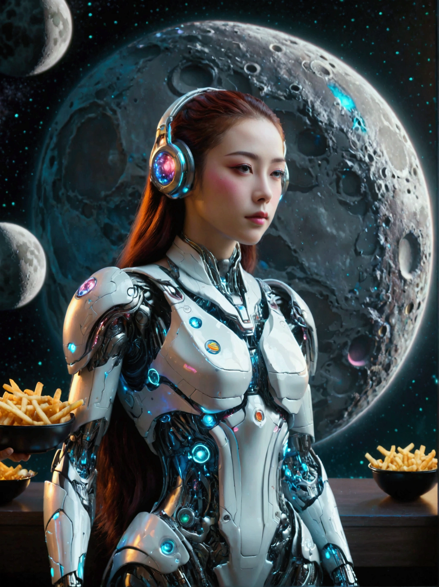 Best quality，8K，high resolution，masterpiece，Ultra Detailed，lifelike，Photorealism，future world，(Vision:1.5)，(A luxurious fast food restaurant on the moon:1.2), (Cyborg female employee:1.5)，(apron)，(Fast food restaurant staff uniforms:1.3)，Transparent Mecha，Cyberpunk cyborg woman，doll，Beautiful meticulous eyes，Beautiful delicate lips，Extremely detailed eyes and face，Long eyelashes，Physically Based Rendering，Extremely detailed description，Ultra-detailed paintings，Futuristic interior decoration，Neon，Sharp focus，Vibrant colors，Science Fiction，Concept Art，High-tech atmosphere，Studio Lighting，HDR，Ultra HD，Bokeh