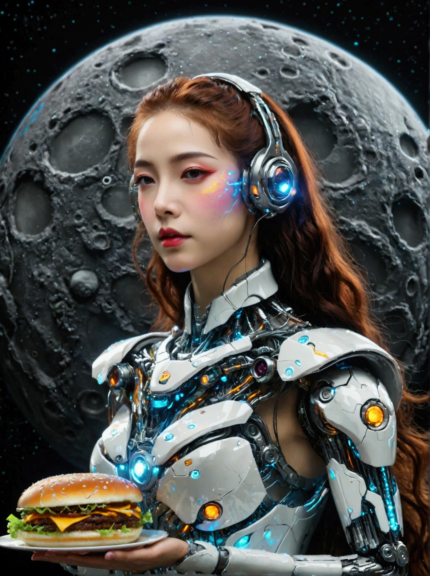 Best quality，8K，high resolution，masterpiece，Ultra Detailed，lifelike，Photorealism，future world，(Vision:1.5)，(A luxurious fast food restaurant on the moon:1.2), (Cyborg female employee:1.5)，(apron)，(Fast food restaurant staff uniforms:1.3)，Transparent Mecha，Cyberpunk cyborg woman，doll，Beautiful meticulous eyes，Beautiful delicate lips，Extremely detailed eyes and face，Long eyelashes，Physically Based Rendering，Extremely detailed description，Ultra-detailed paintings，Futuristic interior decoration，Neon，Sharp focus，Vibrant colors，Science Fiction，Concept Art，High-tech atmosphere，Studio Lighting，HDR，Ultra HD，Bokeh