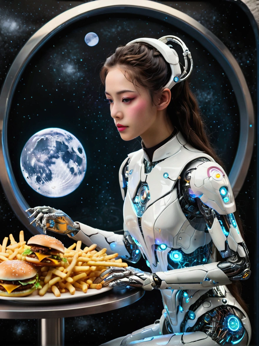 Best quality，8K，high resolution，masterpiece，Ultra Detailed，lifelike，Photorealism，future world，(Vision:1.5)，(A luxurious fast food restaurant on the moon:1.2), (Cyborg female employee:1.5)，(apron)，(Fast food restaurant staff uniforms:1.3)，Transparent Mecha，Cyberpunk cyborg woman，doll，Beautiful meticulous eyes，Beautiful delicate lips，Extremely detailed eyes and face，Long eyelashes，Physically Based Rendering，Extremely detailed description，Ultra-detailed paintings，Futuristic interior decoration，Neon，Sharp focus，Vibrant colors，Science Fiction，Concept Art，High-tech atmosphere，Studio Lighting，HDR，Ultra HD，Bokeh