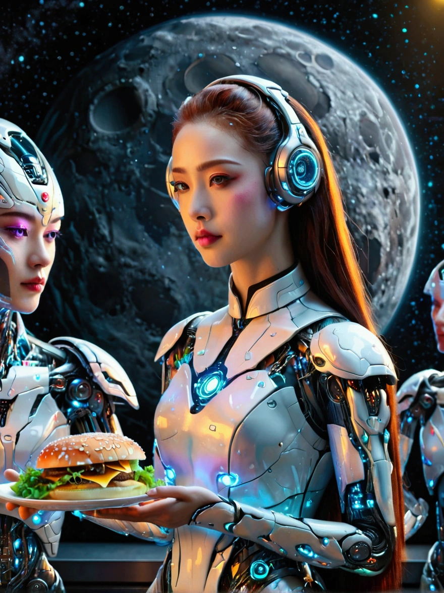 Best quality，8K，high resolution，masterpiece，Ultra Detailed，lifelike，Photorealism，future world，(Vision:1.5)，(A luxurious fast food restaurant on the moon:1.2), (Cyborg female employee:1.5)，(apron)，(Fast food restaurant staff uniforms:1.3)，Transparent Mecha，Cyberpunk cyborg woman，doll，Beautiful meticulous eyes，Beautiful delicate lips，Extremely detailed eyes and face，Long eyelashes，Physically Based Rendering，Extremely detailed description，Ultra-detailed paintings，Futuristic interior decoration，Neon，Sharp focus，Vibrant colors，Science Fiction，Concept Art，High-tech atmosphere，Studio Lighting，HDR，Ultra HD，Bokeh