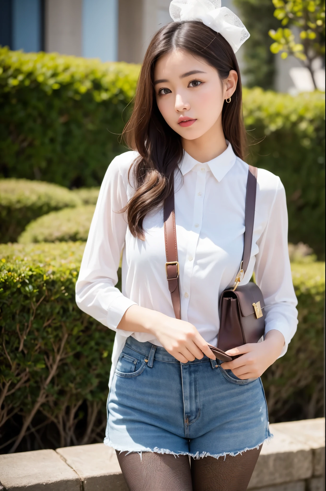 (((masterpiece))), (((Highest quality: 1.4))), ((Super detailed: 1.4)) ,ulzzang-6500-v1.1, (Raw photo:1.2), (Photorealistic), (Genuine:1.4),Handbagsと財布を持ってベンチに座っている女性, Ayaka, Chiho, Yoshitomo Nara, Wearing a honey-themed miniskirt, (Ultra-realistic pantyhose:1.3), Shot on a Canon 80d, Shot with Canon EOS 5D Mark IV, 👰 🏇 ❌ 🍃, translator, Handbags, 🤬 🤮 💕 🎀