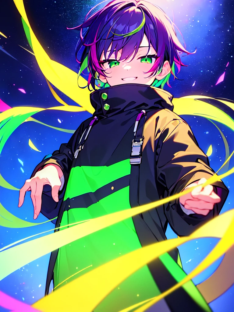 [(GALAXY BACKGROUND:1.5),::5], ((((masterpiece)))), high quality, ultra very high resolution, full color, (((solo))), ((little boy)), Purple hair, ((Green streaked hair)), (Green eyes), anime, ((upper body)), neon light, black parka, smile