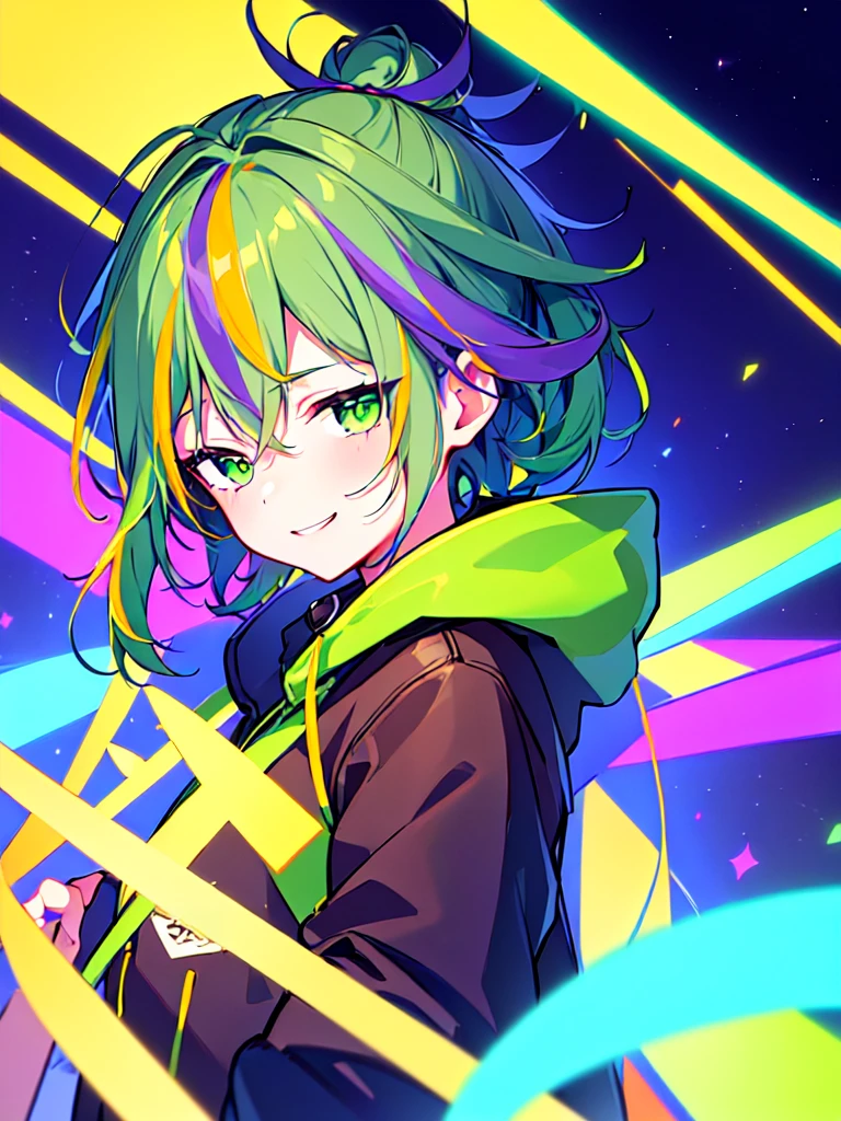 [(GALAXY BACKGROUND:1.5),::5], ((((masterpiece)))), high quality, ultra very high resolution, full color, (((solo))), ((**********)), Purple hair, ((Green streaked hair)), (Green eyes), anime, ((upper body)), neon light, black parka, smile