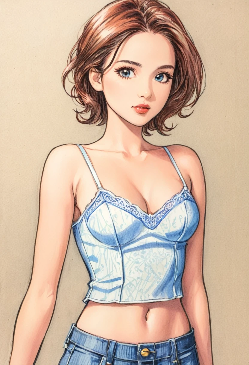 woman,Short camisole vest,White,Art,,Colored pencil sketch,sketch ,Comic Collage,illustration