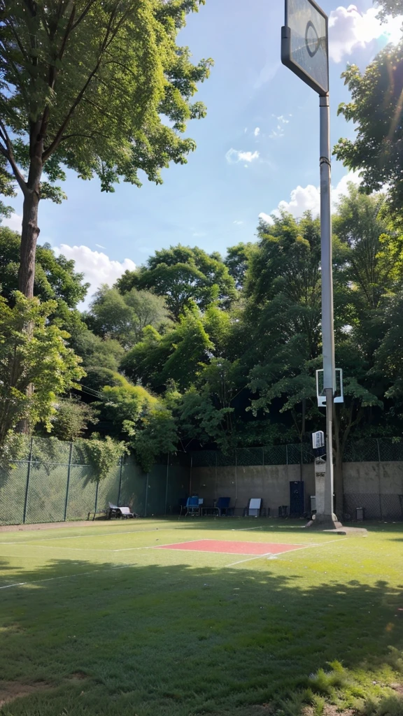 A classic outdoor basketball court in a park, with a chain-link fence and lush green trees in the background