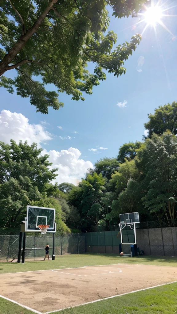A classic outdoor basketball court in a park, with a chain-link fence and lush green trees in the background
