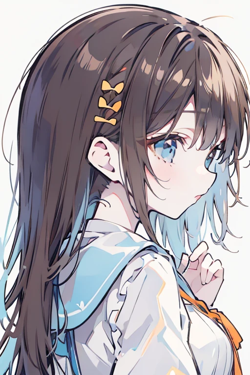 adult、woman、profile、look back、Brown Hair、Long Hair、Close up of upper body、A large light blue ribbon hair ornament、Orange lipstick、Cute white clothes、White background