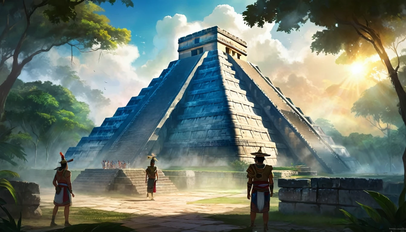 card "Pyramid of Kukulkan":
Description: Majestic pyramid, towering in the center of the Lost City of Chichen Itza. Explore its secret passages and find ancient artifacts.
Peculiarities: Hidden Traps, ancient inscriptions, mystical rituals., digital painting, location, location из игры, большая location, glowing effects in the background, fog in the foreground with glow effects, colorful, cute style, anime style, огромная игровая location, shimmering treasures, attention-grabbing