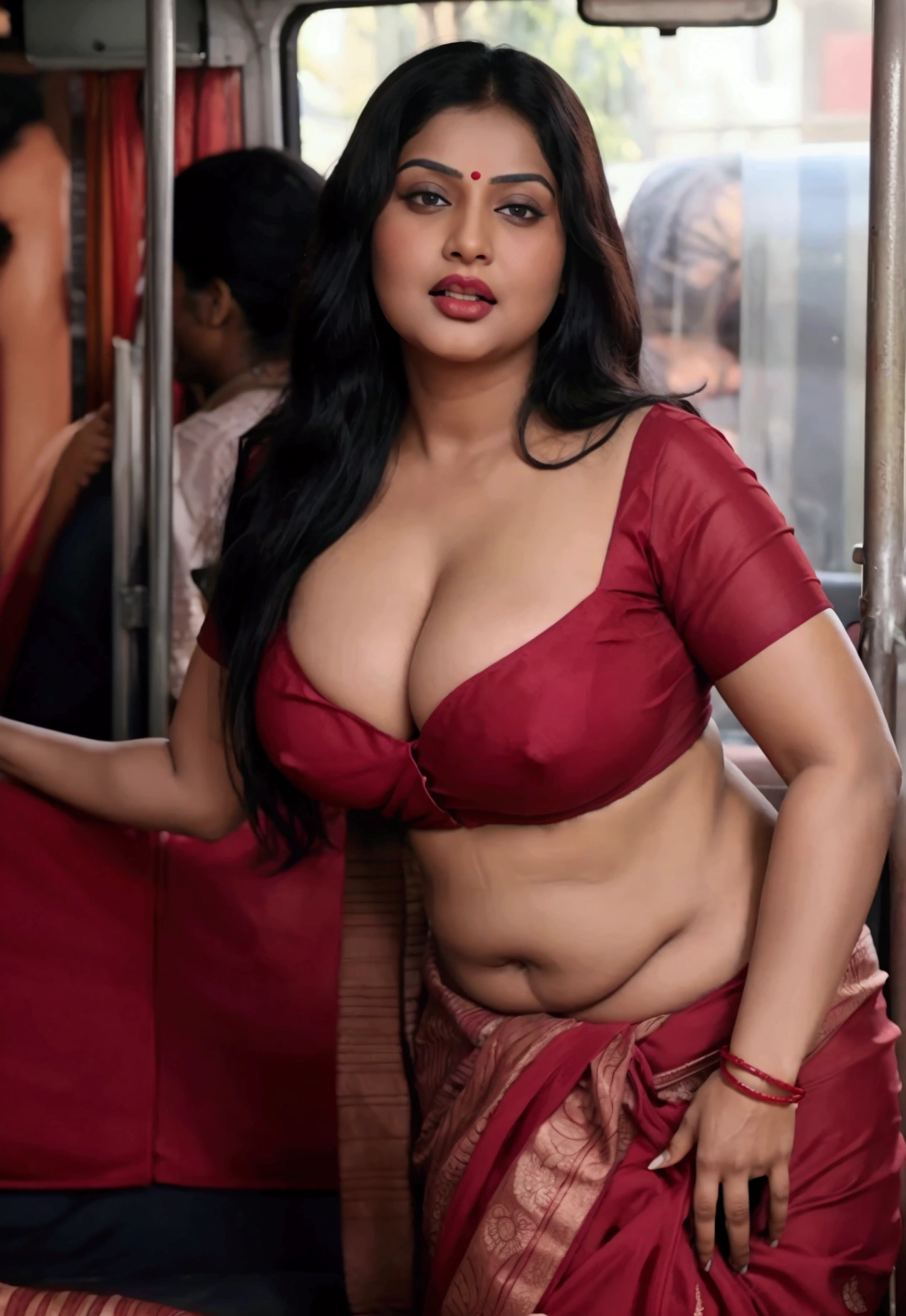 Beautiful thicc indian mom wearing red saree and blouse surrounded by  crowded bus. Being touched. Hands on her body , top breasts nude ,belly fat navel ,exposing  , lust expressions , they are close to her