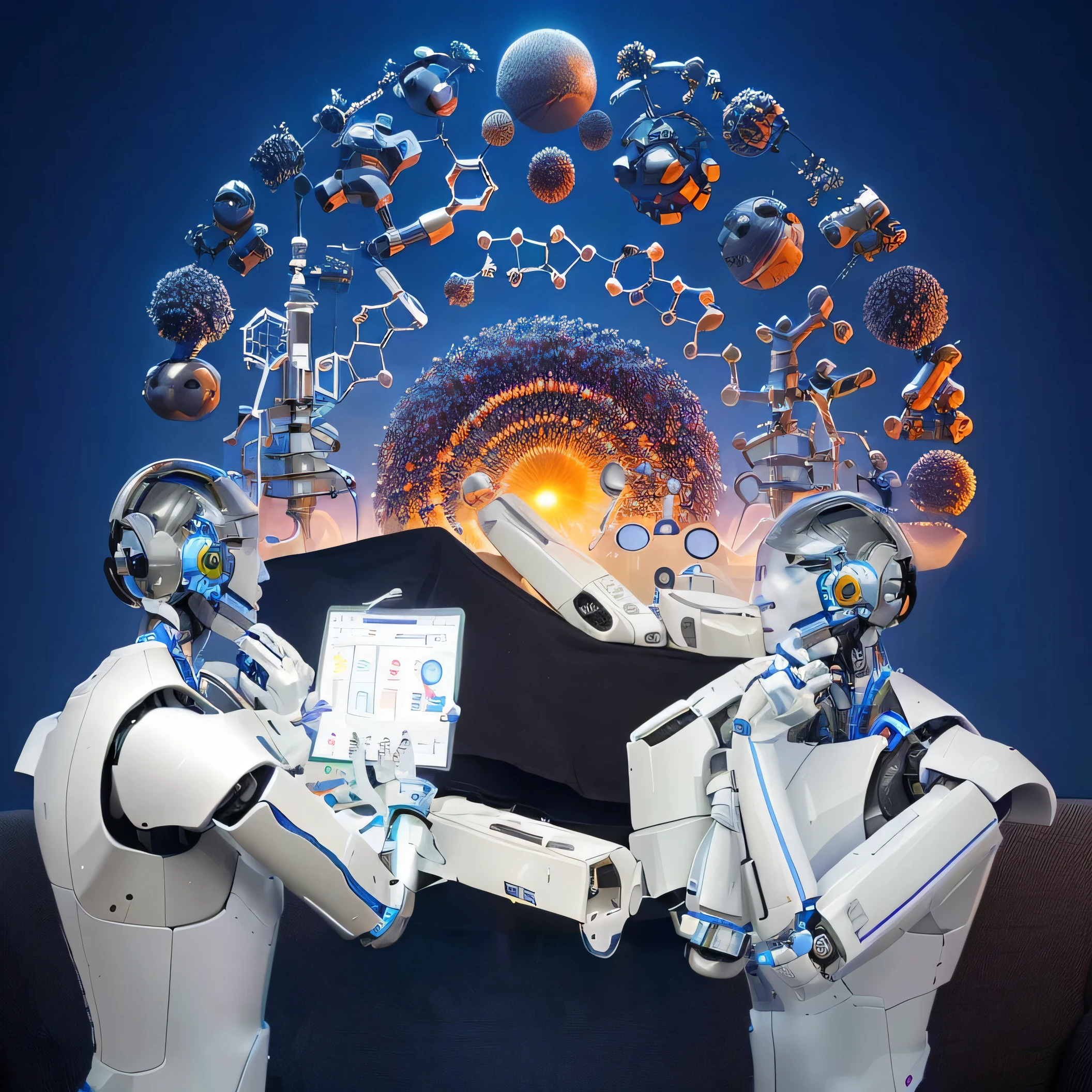 robot are holding a tablet with a cell phone in their hands, robot, Endless collaboration with artificial intelligence, futuristic robot, futuristic robots, robot, Future Technology, drinking alcohol, machines and futurist , Work, with arms, Integrated Synthesis, arms, organic and , body, Strong AI, Still Life,Clinical drugs,Drug Design,Clinical Research,(molecular),Antibody Drugs,(The right hand),(molecular drug 1.5)