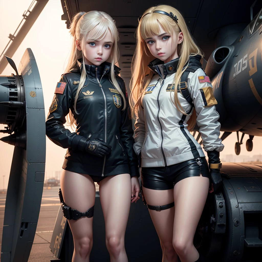 Two Ukrainian girls boarding a fighter plane , Background is the deck of an aircraft carrier and a fighter aircraft,Ukrainian anime girls , , Ukraine ,  Full body composition of young girl with messy bright blonde hair, eye make up, ,  Soft lighting, Solo, Old torn dirty shabby futuristic military uniform, badges, Pose, Blotch color, Octane Render, Hyperrealistic intricate detail, Cinematic, 8K resolution, 70mm, Accent Lighting, Global Illumination, Full body portrait, clean detailed faces, intricate clothing, Cute face, flat chest, Slim waist, Slim legs, small hips,Pilot's clothing,Holding a fighter helmet in your hand,