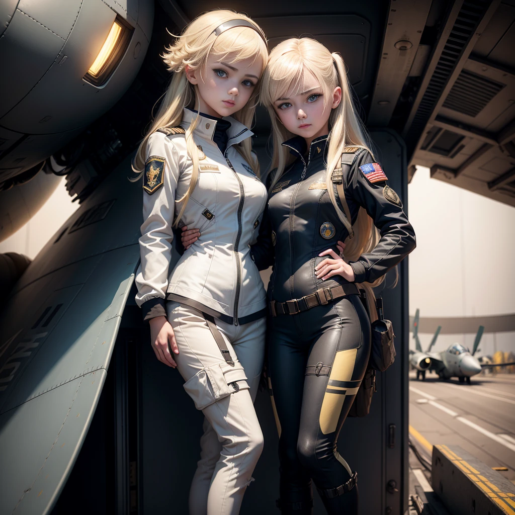 Two Ukrainian girls boarding a fighter plane , Background is the deck of an aircraft carrier and a fighter aircraft,Ukrainian anime girls , , Ukraine ,  Full body composition of young girl with messy bright blonde hair, eye make up, 13 year old,  Soft lighting, Solo, Old torn dirty shabby futuristic military uniform, badges, Pose, Blotch color, Octane Render, Hyperrealistic intricate detail, Cinematic, 8K resolution, 70mm, Accent Lighting, Global Illumination, Full body portrait, clean detailed faces, intricate clothing, Cute face, flat chest, Slim waist, Slim legs, small hips,Pilot's clothing,Holding a fighter helmet in your hand,