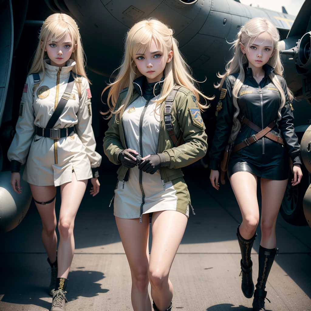 Two Ukrainian girls boarding a fighter plane , Background is the deck of an aircraft carrier and a fighter aircraft,Ukrainian anime girls , , Ukraine ,  Full body composition of young girl with messy bright blonde hair, eye make up, 13 year old,  Soft lighting, Solo, Old torn dirty shabby futuristic military uniform, badges, Pose, Blotch color, Octane Render, Hyperrealistic intricate detail, Cinematic, 8K resolution, 70mm, Accent Lighting, Global Illumination, Full body portrait, clean detailed faces, intricate clothing, Cute face, flat chest, Slim waist, Slim legs, small hips,Pilot's clothing,Holding a fighter helmet in your hand,