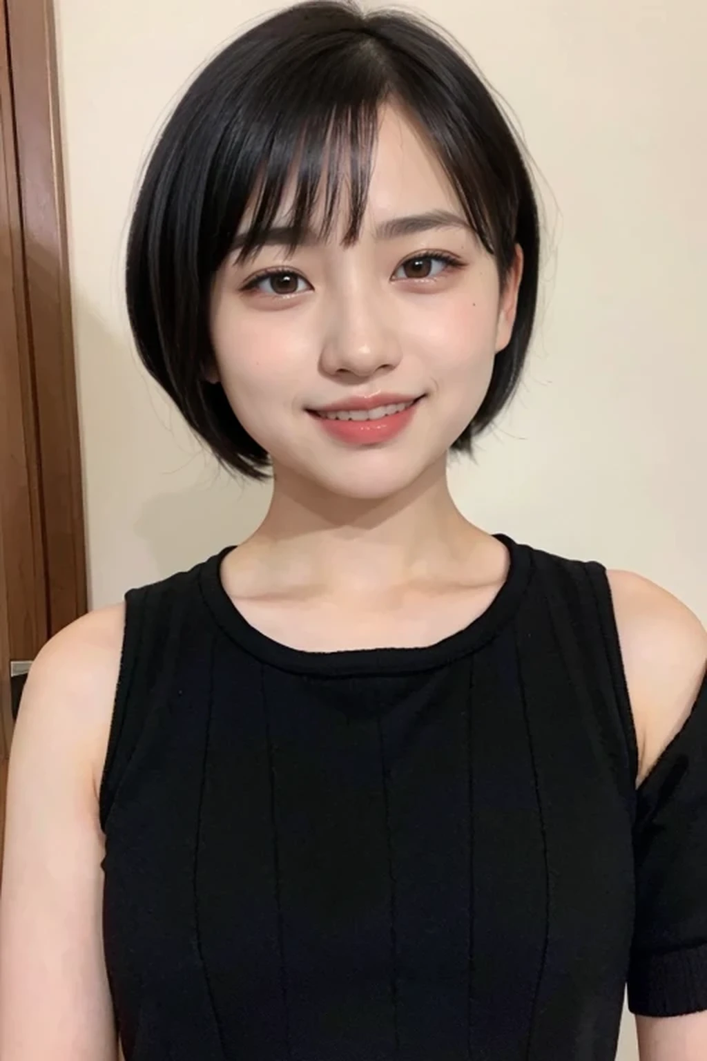 (naked, nude:1.3), 8k, RAW photo, best quality, masterpiece, realistic, photo-realistic, clear, professional lighting, beautiful face, no makeup, best quality, ultra high res, BREAK, Japanese cute girl, 14 years old, (short cut hair:1.2), smile, BREAK, standing, BREAK, (bedroom:1.3), (black eyes, black hair:1.2)
