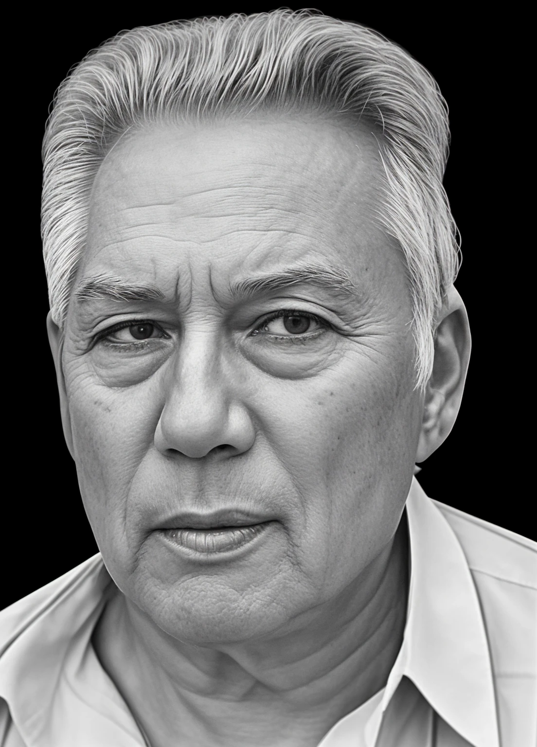 RAW photo, a portrait photo of 65 y.o man, волосы уложенные назад, естественные пышные волосы, natural skin, 8k uhd, high quality, film grain, Fujifilm XT3,