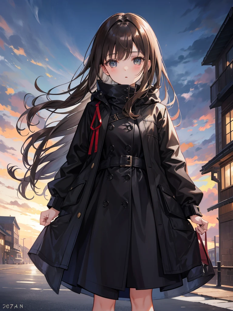 A girl with brown hair standing up in a black coat、