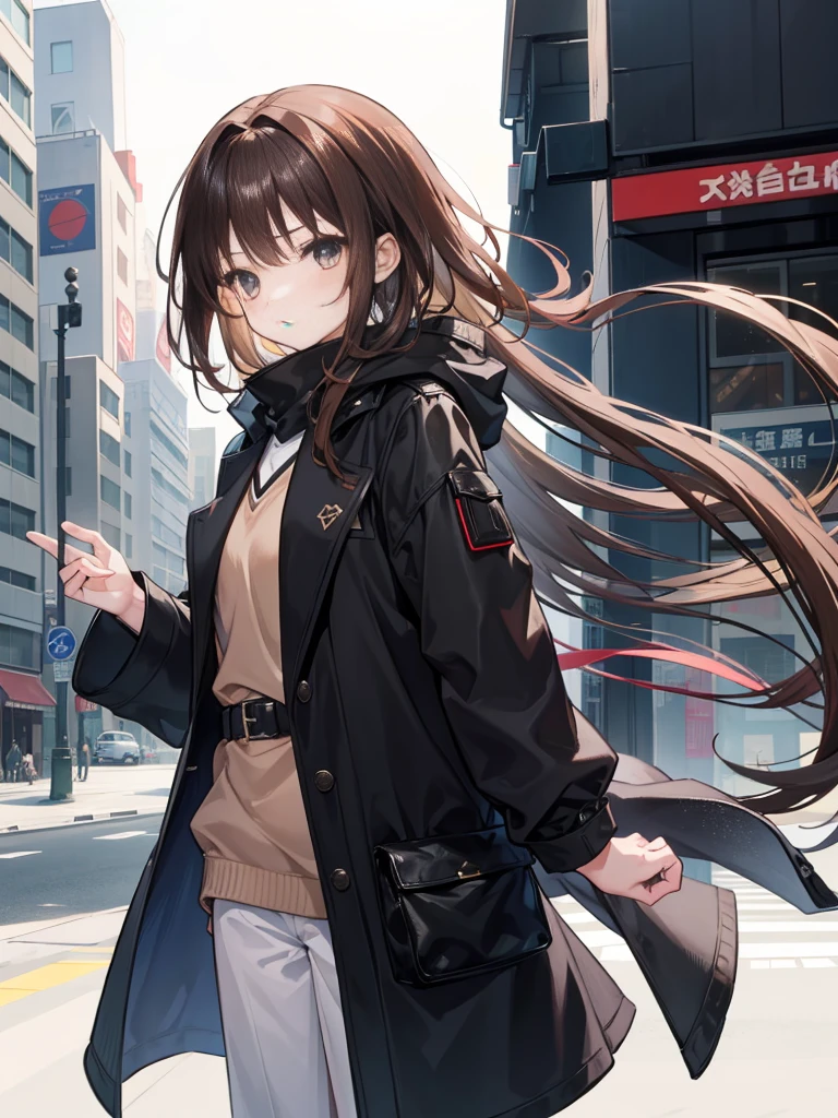 A girl with brown hair standing up in a black coat、