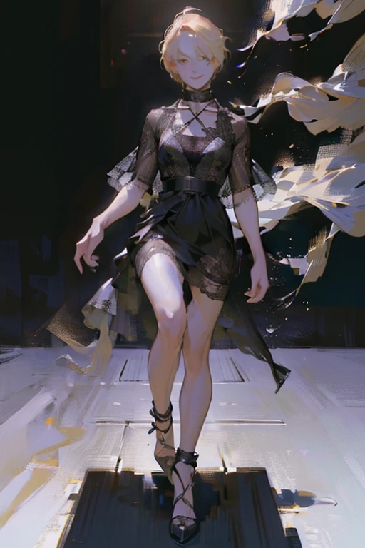 ((full body:1.4)).(rule of thirds:1.4), ((ultra realistic illustration:1.2)),Athletic blonde woman, (short hair), tomboy, cute, ((smile)), sexy, smoky eye, choker, sheer lace black minidress, high heels.Masterpiece, best quality,(highly detailed:1.2),(detailed face and eyes:1.2), 8k wallpaper, depth of field, natural lighting. core shadows, high contrast, bokeh.