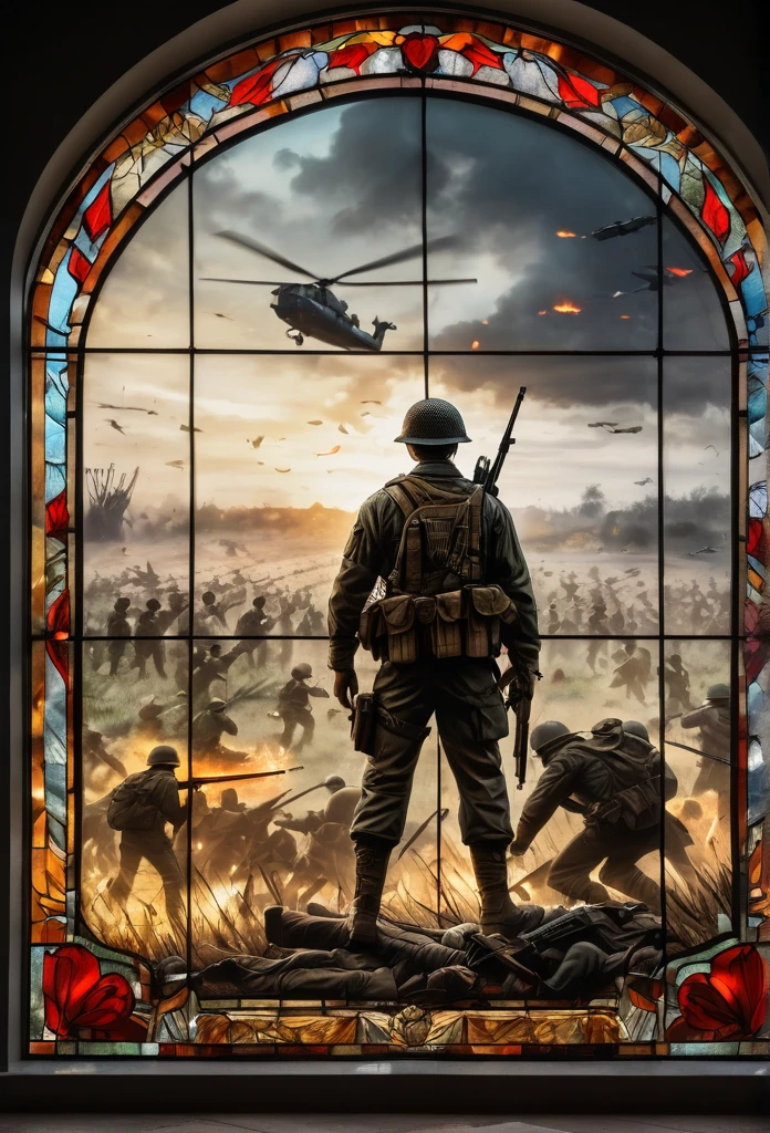 stained glas window art with the depiction of a lone man standing on a battle field surrounded by fallen men, call of duty style, ultra realistic, 4K