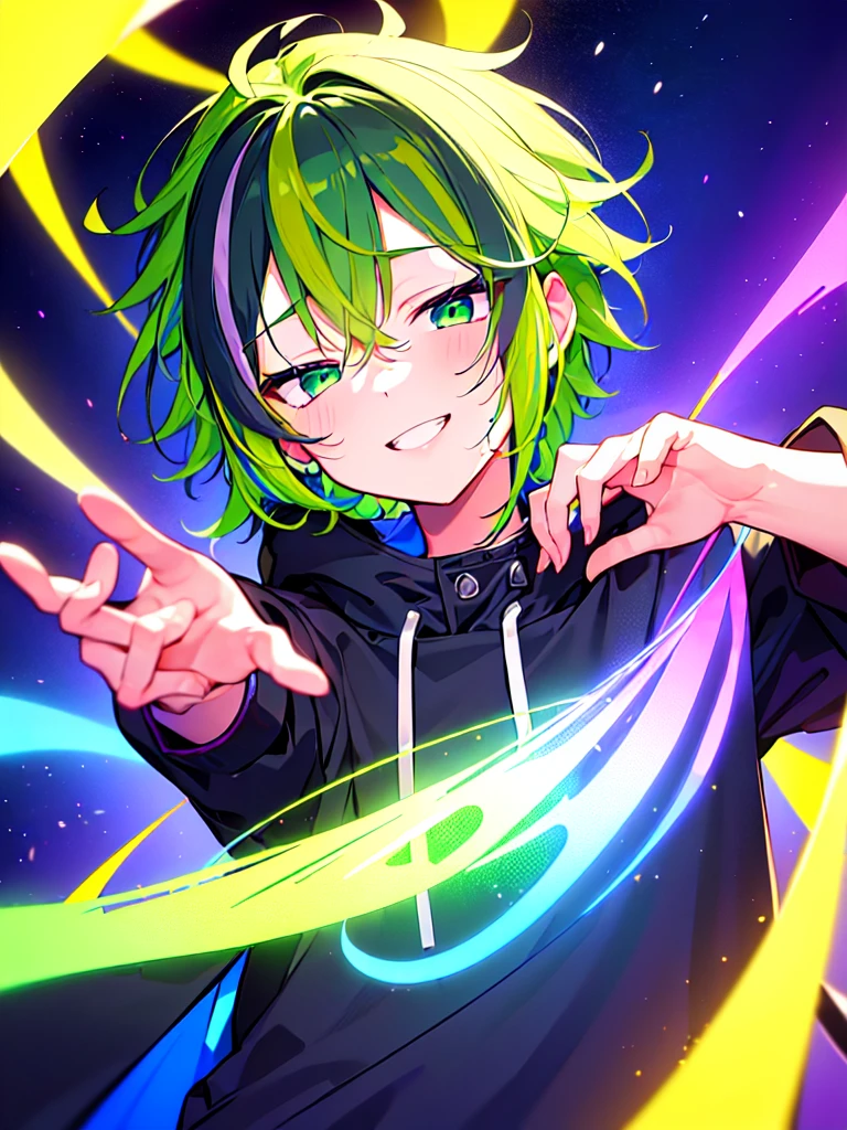 [(GALAXY BACKGROUND:1.5),::5], ((((masterpiece)))), high quality, ultra very high resolution, full color, (((solo))), ((**********)), Purple hair, ((Green streaked hair)), (Green eyes), anime, ((upper body)), neon light, black parka, smile