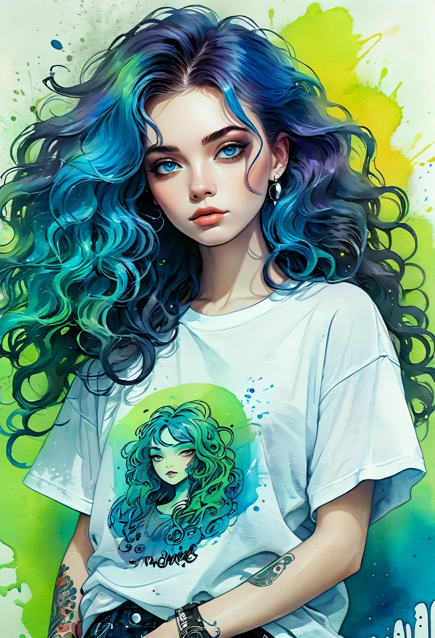 best quality，watercolor，ink，Oil Pen，painting，Upper body portrait，The original essence of the tattoo street style icon，Rebellious energy，Wear an oversized t-shirt with a logo，Vibrant graffiti as background，Avant-garde fashion，Feeling，Confident appearance，Colorful hair，light through the mist，（1 girl），Long curly hair，blue eyes，A small smile