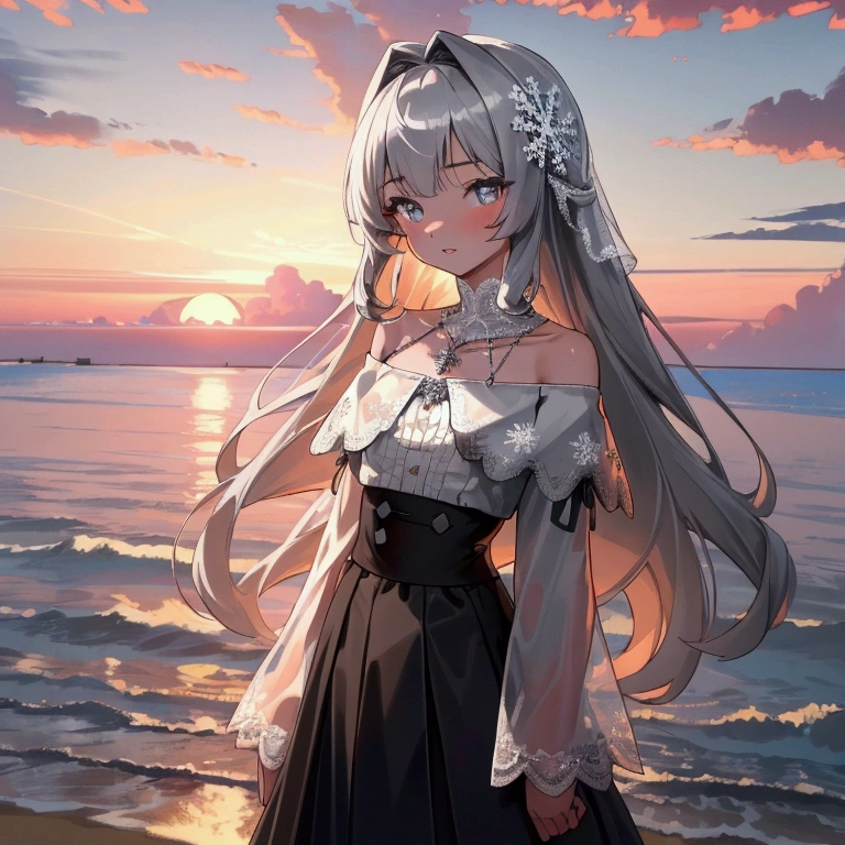 ((masterpiece, extremely high quality)),((4k, detailed beautiful cute eyes)),((cinematic view, high detailed sunset, high detailed colors, high detailed clouds, depth of view)),1girl standing at a beach side, looking at viewer, white skin, slightly parted lips with gentle smile, silver long-hair, grey-bluish eyes, slender physique, medium-size chest, small-diamond snowflake necklace, white off-shoulder straps ruffled blouse, greyish high-waisted a-line mini skirt with lace trim, arms at the back.