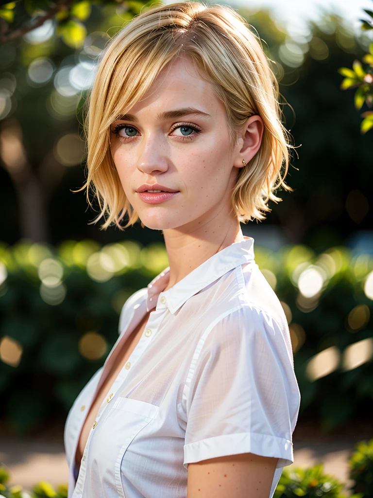 Professional Portrait, MacKenzie Davis, blonde, short hair, dept of field, bokeh , wet shirt 