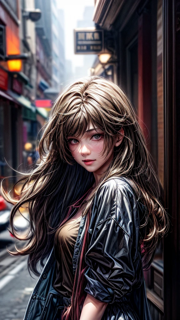 18:04:42
A woman with long brown hairs, fair skin, brown eyes, wearing a shirt and pants. A watch on the left wrist. Her facial expression is warm and friendly. Background is a city street. Use a vibrant color palate. High resolution, 4k, ultra detailed, use a mixture of dark and light st rokes, good contrast. Good background, good hands, masterpiece.