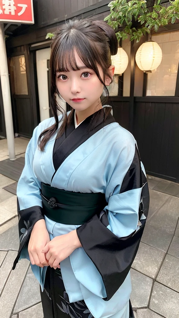 masterpiece,best quality,high resolution,8K,Realistic face,Realistic skin texture,magnified textures, 1 girl,Japanese girl, 19 years old,japanese,detailed eyes,blunt bangs,brown hair,Joyful glow,doubled lid eyes,small nose、sparkling eyes、natural make,(haori of light blue:1.2)、she is shinsengumi,bushi,(black kimono:1.2),(dark green hakama:1.2),katana,round face,Guts pose,grimace,smol girl,big breasts,（Sexy chest:1.3）,in the city,(look at viewer),she is walking,good feeling,parade,(from front),happy