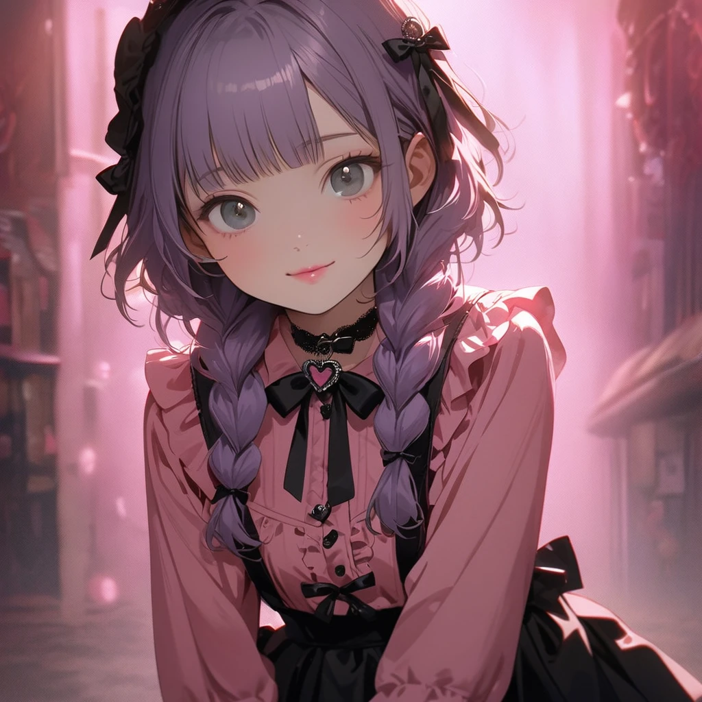 (Cute a girl:1.5), (a girl with closs hair pin,pale purple hair,wavy two braids,bluntbangs hair,green and black eyes,
pink shirt,cosplay, jirai kei, bangs, black skirt, black bow, looking at viewer, bow, long sleeves, choker, ribbon,pink lips, :1.4),(masterpiece:1.3), anime visual, (Lovey-dovey:1.5), (tilt head:1.3), extremely delicate face, soft clean focus, realistic lighting and shading, (an extremely delicate and beautiful art:1.3), elegant, (muted colors:1.1), small breast,slim,The Moulin Rouge in Paris, mysterious pink light, a slightly dark room,look at viewer,smiling,morning lit,