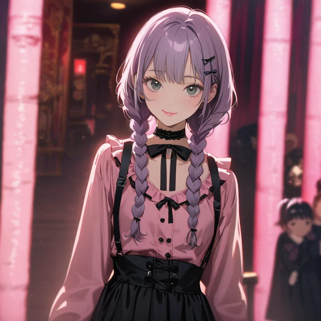 (Cute a girl:1.5), (a girl with closs hair pin,pale purple hair,wavy two braids,bluntbangs hair,green and black eyes,
pink shirt,cosplay, jirai kei, bangs, black skirt, black bow, looking at viewer, bow, long sleeves, choker, ribbon,pink lips, :1.4),(masterpiece:1.3), anime visual, (Lovey-dovey:1.5), (tilt head:1.3), extremely delicate face, soft clean focus, realistic lighting and shading, (an extremely delicate and beautiful art:1.3), elegant, (muted colors:1.1), small breast,slim,The Moulin Rouge in Paris, mysterious pink light, a slightly dark room,look at viewer,smiling,morning lit,