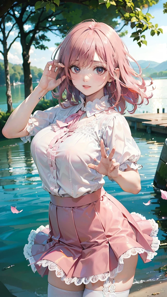 (Masterpiece, BestQuality:1.3), (ultra detailed:1.2), (hyperrealistic:1.3), (RAW photo:1.2), High detail RAW color photo, professional photograph, (Photorealistic:1.4), (realistic:1.4), (Pink Hair:1.5), professional lighting, perfect ???????, (Big Breasts:1.2), (blush, detailed face), (A happy smile:1.7), sexly, erotic sexly, Random sexy gravure poses, (Beautiful woman wearing a white lace blouse and skirt、Being blown by the wind by the lake、Pose to emphasize breasts。:1.3)