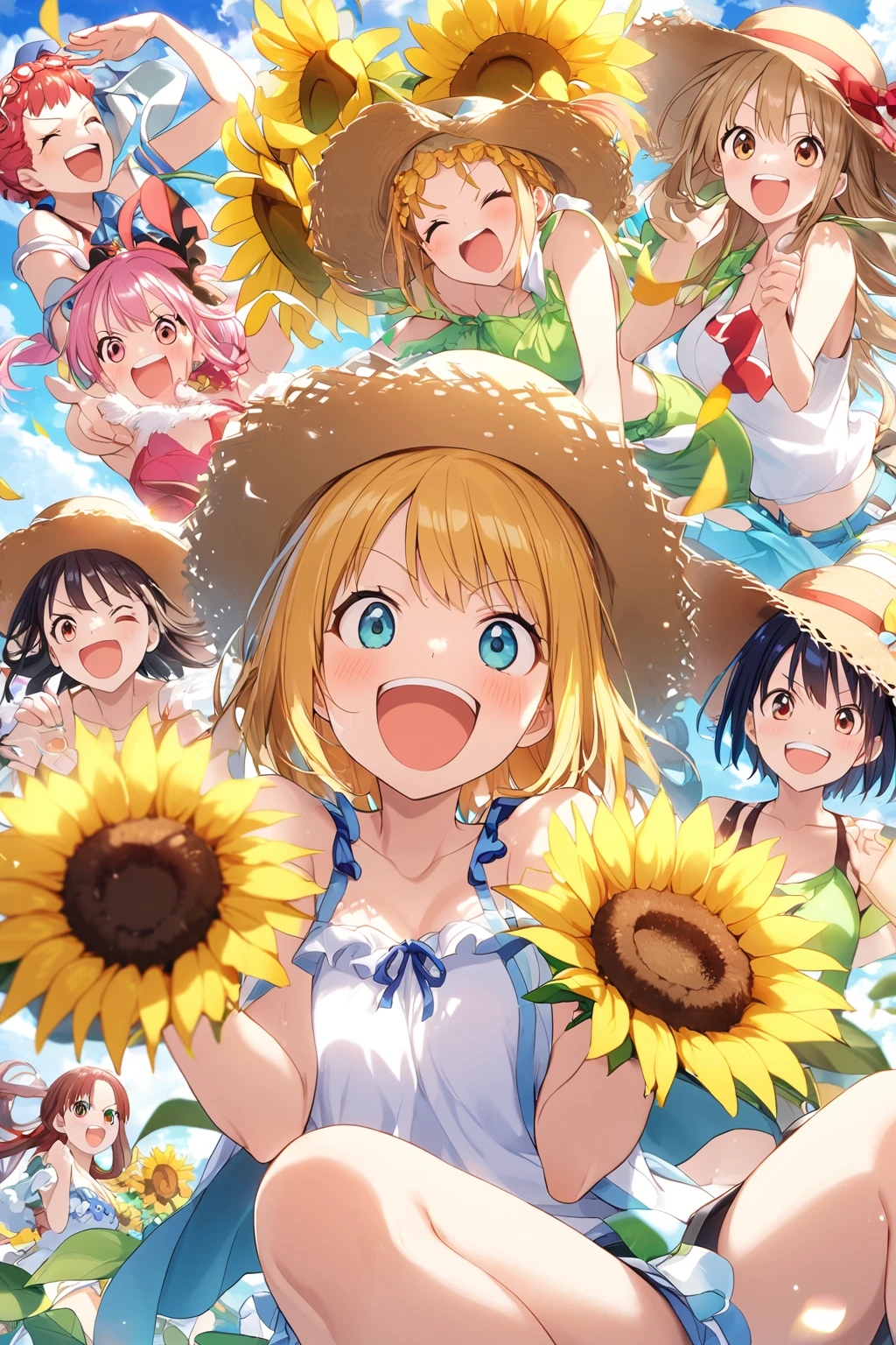 Summer sky、sunflower、Straw hat、Big smile、One Piece Appears、Open your mouth wide、Wink、Bright, Energetic and Active,