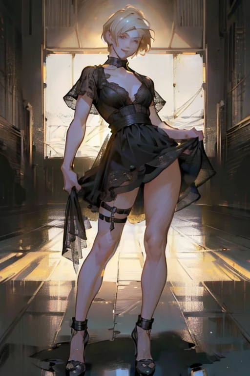 ((full body:1.4)).(rule of thirds:1.4), ((ultra realistic illustration:1.2)),Athletic blonde woman, (short hair), tomboy, cute, ((smile)), sexy, smoky eye, choker, sheer lace black minidress, high heels.Masterpiece, best quality,(highly detailed:1.2),(detailed face and eyes:1.2), 8k wallpaper, depth of field, natural lighting. core shadows, high contrast, bokeh.