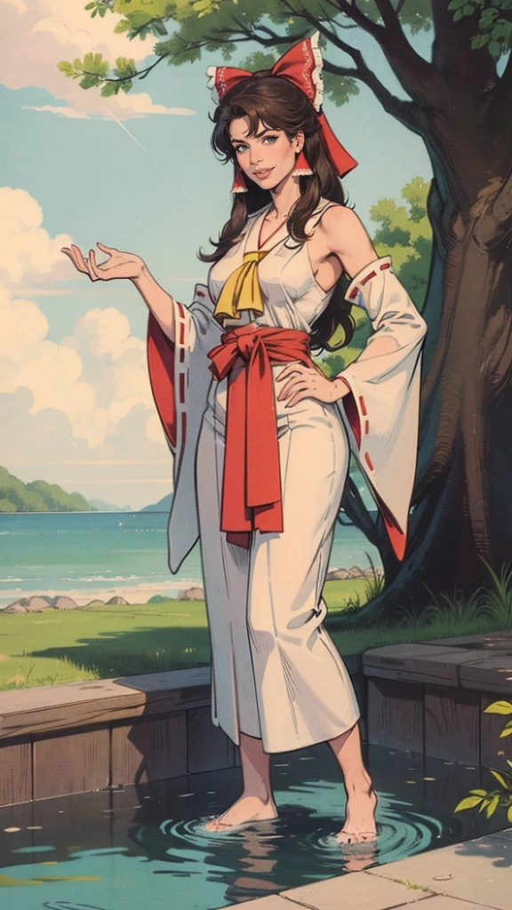 ((Full body photo, standing, on the floor)) hakurei reimu,Detailed background, masterpiece, best quality, 1 girl, reimu in white, brown hair, hair tube, headband, brown eyes, non-traditional Miko, trees, water, pink theme, white theme, mystery, magic