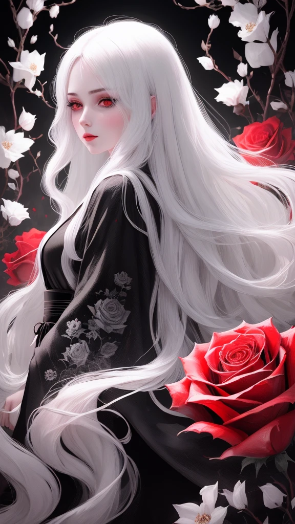 Hand drawn illustrations,Texture Noise,A woman,White long hair,Wearing a black robe with dark patterns,The body is supported by red roses,Strong contrast,Black and White